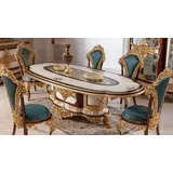 Casa Padrino Luxus Barock Esszimmer Set Weiß / Braun / Blau / Gold - 1 Barock Esstisch & 6 Barock Esszimmerstühle - Barock Esszimmer Möbel - Edel & Prunkvoll