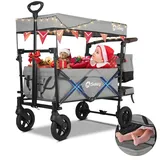 Sekey Bollerwagen Faltbar mit Dach 2 Kinder 150KG, Faltbarer Bollerwagen Handwagen Schiebegriff, Kinderwagen Stoßfest PU Räder mit Bremsen 110L, Dach-SS 5050, Grau