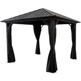 DEGAMO Garten Pavillon NOVARA 3x3 Meter, Alugestell schwarz, Dach aus verzinktem Trapezblech/Metall, schwarz, mit Seitenteilen dunkelgrau