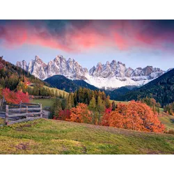 Fototapete PAPERMOON "ALPEN-DOLOMITEN DORF und Landschaft", bunt, B:3,00m L:2,23m, Vlies, Tapeten