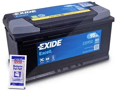 Exide Excell EB950 Starterbatterie 95Ah 800A + 10g Batterie-Pol-Fett [Hersteller-Nr. EB950] für Alfa Romeo, Alpina, Aston Martin, Audi, Bentley, BMW,