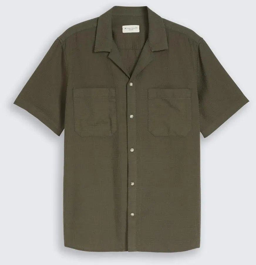 TOM TAILOR Herren Regular Fit Resort Hemd mit Waffelstruktur, grün, Uni, Gr. M