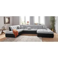 Wohnlandschaft DOMO COLLECTION "PB Moric wahlweise mit Bettfunktion und Armteilverstellung U-Form", silber (schwarz, silber), B:353cm H:80cm T:95cm, Zierkissen: Struktur (90% Polyester, 10% Polyacryl);Microfaser PRIMABELLE (100% Polyester) / Struktur (90% Polyester, 10% Polyacryl);Kunstleder SOFTLUX / Struktur (90% Polyester, 10% Polyacryl), Sofas, XXL-Format B/T/H: 353/216/80 cm, feine Steppung, incl. Zierkissen