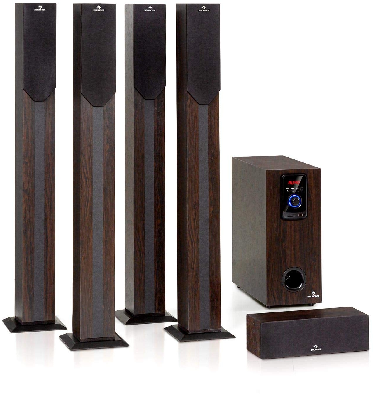 auna Areal Elegance 5.1 Soundsystem - Lautsprechersystem, Heimkinosystem mit 190 Watt RMS, Heimkino mit 5" Subwoofer, 5 x Satelliten-Lautsprecher (3"+5"), Bluetooth, USB/SD, dunkle Holzoptik