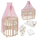 Waldin Oval Baby-Bett Mitwachsend Komplett Set 7in1, Gitterbett, Kinderbett mit Matratze, Wickelkommode, Beistellbett, Holz Natur, Stoffe Rosa Tiere