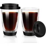 Latte Macchiato Gläser Doppelwandig 450ml - 2er Set Cappuccino Tassen mit Silikondeckel, Doppelwandige Kaffeegläser, Thermogläser Doppelwandig, Cappuccino Gläser, Ideal für Tee und Kaffee