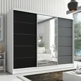 mebloland Schwebetürenschrank, 3-türig Schrank 200 cm mit Spiegel AURELIA 2 (Weiß | Schwarz | Graphit) - Weiß/Schwarz/Grau