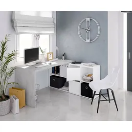 Dmora Schreibtisch Vallejo, 136x139x74 cm Weiß, 6 Regale modul. - Weiß