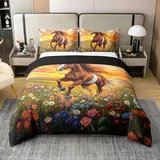 Loussiesd Pferd 100% Baumwolle Bettwäsche Set 135x200cm Galoppierendes Pferd Bettbezug Wild Western Cowboy Tier Dekor Bauernhaus Betten Blume Bettwäsche-Set Zimmer Dekor