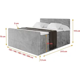 altdecor Boxspringbett mit Fußteil - TOLO-Z KING 160x200 Cord - Hellgrau - Komplett-Set mit H3 und H4 Matratzen und Topper, Polsterbett mit Bettk... - Hellgrau