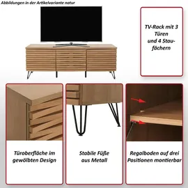 MCW TV Möbel, M49 TV-Rack MCW-M49, Lowboard TV-Schrank, 3D-Design Staufächer, MDF Metall 52x142x44cm ~ natur
