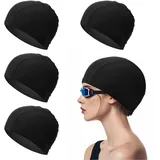 TUONYIS 4 Stück Badekappen für Erwachsene Kinder, Elastische Schwimmkappen Bequemer Stoff Schwimmhaube Leichte Bademütze für Wassersport Herren Damen Kinder (Schwarz) (Schwarz)