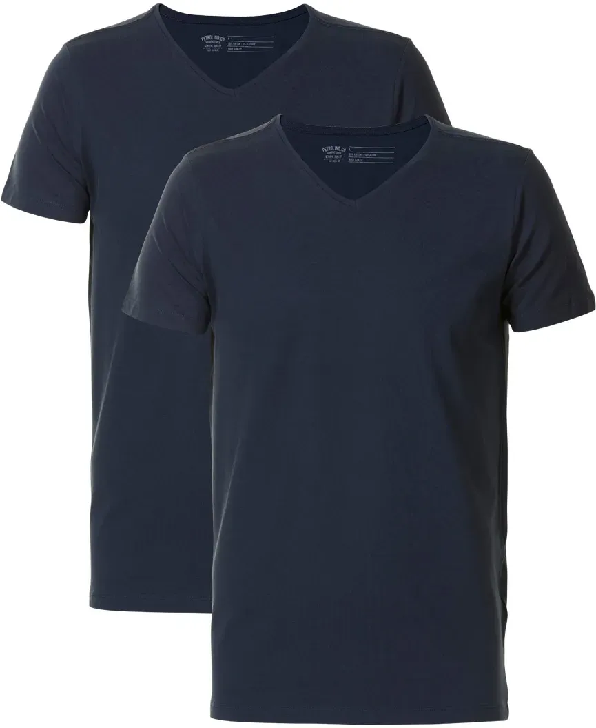 T-Shirt PETROL INDUSTRIES, Herren, Gr. XL, blau (deep navy), Obermaterial: 95% Baumwolle, 5% Elasthan, unifarben, Basic, schmal, V-Ausschnitt, Shirts T-Shirt, V-Ausschnitt