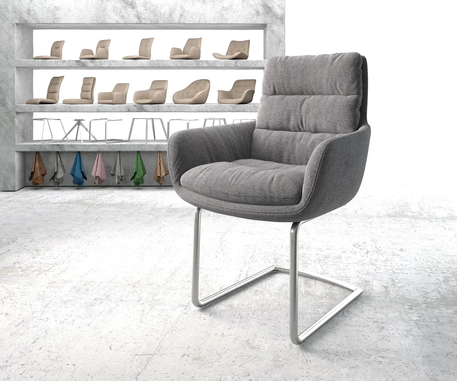 DELIFE Cantilever Abelia-Flex avec accoudoirs tissu texturé gris clair cantilever rond acier inoxydable, Chaises de salle à manger