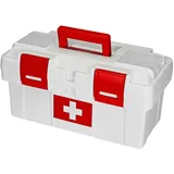 HMF Erste Hilfe Kasten zur Medikamenten Aufbewahrung, Medizinbox leer für Sportverein, Betrieb oder Zuhause, 37 x 20 x 18,5 cm Weiß-Rot