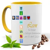 Blickfang KOMMUNION,FIRMUNG, KONFIRMATION, KIRCHEN SYMBOLE |FOTOTASSE |TASSE|MOTIV TASSE | BEDRUCKTE KAKAOTASSE TEETASSE GESCHENK|KERAMIK|TASSE (Gelb)