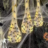 3Stück Halloween Deko Spinnen, Halloween Leuchtende Spinnen Eiersäcke Dekoration mit LED Lichtern, Hängende Spinnen Eiersäcke Dekorationen für Vorgarten Terrasse Rasen Garten Partydekor (Warmweiß)