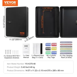 Vevor Schlüsselschrank Schlüsselkasten 48 Schlüssel, Schwarz Schlüsselbox Schlüsseltresor Einstellbar, Abschließbarer Schlüsselschrank mit 6...