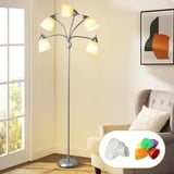 Depuley Stehlampe mit 5 Flammig Moderne Stehleuchte Wohnzimmer Vintage Leselampe E27 Silber mit Drehschalter 360°Drehbarer Lampenhalter Retro Standlampe für Büro Schlafzimmer Sofa Studio