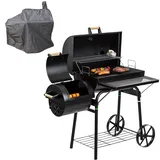 DRULINE Smoker - Grill – inkl. Abdeckhaube - BBQ - Holzkohlegrill - Lokomotive - Stahl schwarz - Grillflächen ca. 66 x 41 cm/30 x 30 cm - Geschenk für Männer