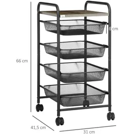 Homcom Rollwagen, Küchenwagen mit 4 Körben, Aufbewahrungsregal mit Rollen, Haushaltregal, Servierwagen für Schlafzimmer, Wohnzimmer, Stahl, Schwarz, Holzwerkstoff, 31x66x41.5 cm Esszimmer,