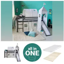 Homestyle4u Hochbett mit Rutsche 90 x 200 cm Kiefer grau