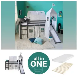 Homestyle4u Hochbett mit Rutsche 90 x 200 cm Kiefer grau