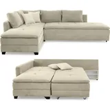 luma-home Ecksofa-Dauerschläfer Doppelbett Federkern Bettkasten, Couch in Cord Beige Grau / 15161 - Beige