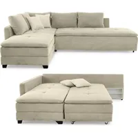 luma-home Ecksofa-Dauerschläfer Doppelbett Federkern Bettkasten, Couch in Cord Beige Grau / 15161 - Beige