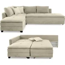 luma-home Ecksofa-Dauerschläfer Doppelbett Federkern Bettkasten, Couch in Cord Beige Grau / 15161 - Beige