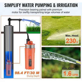 Vevor Solar Wasserpumpe, 12 V DC, 96 W, Tiefbrunnenpumpe, max. Durchfluss 1,6 GPM, max. Förderhöhe 70 m, solarbetriebene Tauchpumpe für Brunnen, Bewässerung von Bauernhöfen, Tränken von Nutztieren