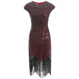 MIMIKRY 20er Jahre Charleston Pailletten Kleid Rot/Schwarz mit Fransen Flapper Damen-Kostüm, Größe:XL - XL