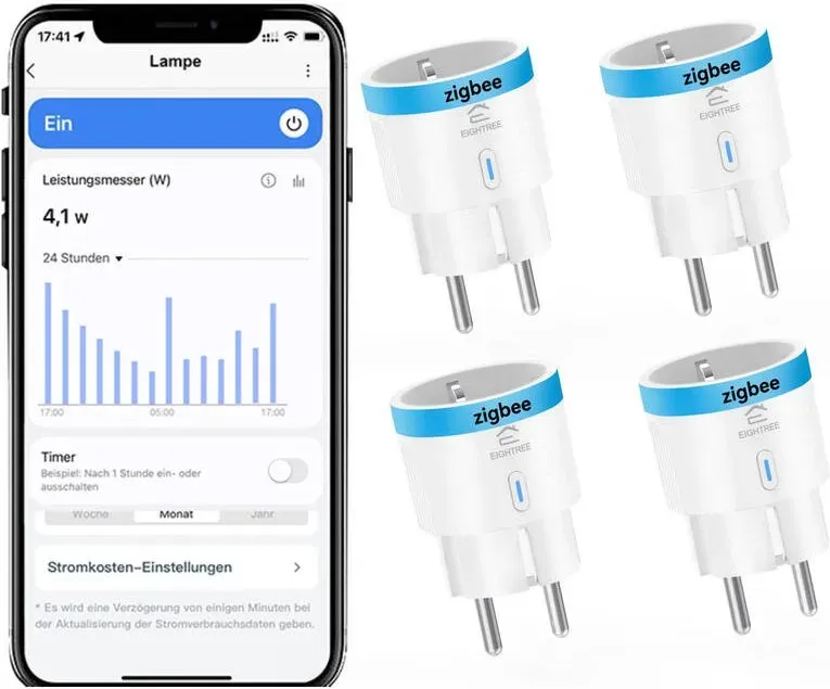 EIGHTREE Zigbee Steckdose mit Strommessung, Sprachsteuerung, Zeitplan & Timer, Zigbee Hub erforderlich, kompatibel mit Home Assistant, Hubiat, SmartThings & Alexa, 16A, 4er Packs