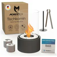 Monster24 Tischfeuer Bio-Ethanol Tischkamin für Indoor & Outdoor, Echtfeuer-Dekokamin (Höhe 26 cm / Durchmesser 16 cm) schwarz 26 cm