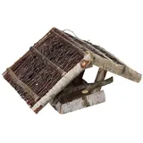 Stehender Vogelfutterspender aus Birkenholz mit Dach aus Naturzweigen, ganzjähriger Futterplatz für Gartenvögel, 37 × 22 × 22 cm | Damian-Wiklina