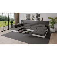 Goldstoff Wohnlandschaft RELAX U Ecksofa mit Schlaffunktion, Kunstleder & Samt, 345 × 205 cm, zwei Bettkästen, verstellbare Kopfstützen grau