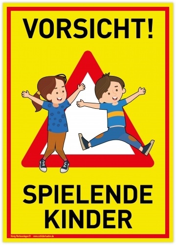 Großes Schild Vorsicht! Spielende Kinder | PVC 30 x 42 cm | Achtung Spieplatz | Langsam! Spielende Kinder | gelb | PVC-Schild mit UV-Schutz | Dreifke