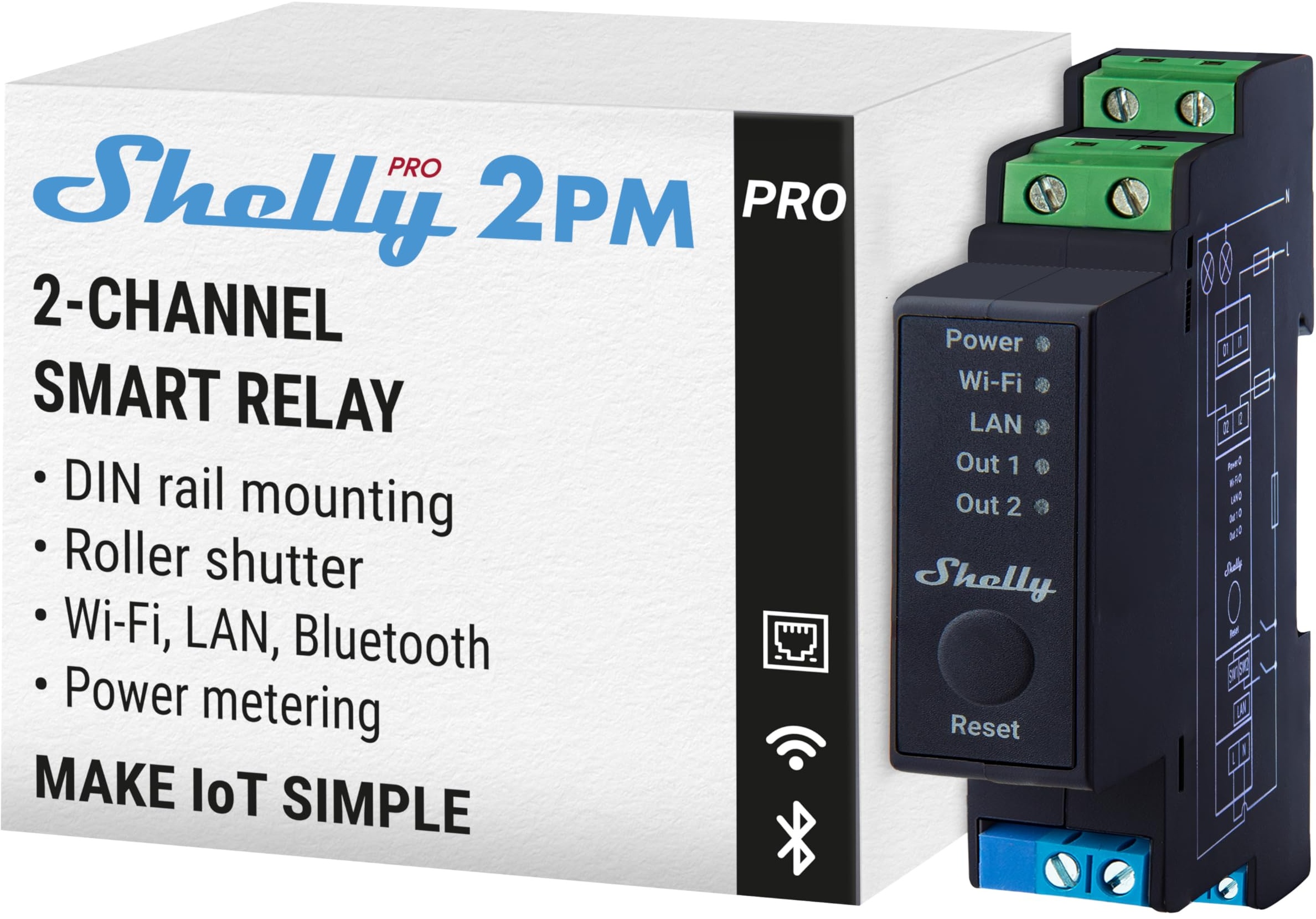 Shelly Pro 2PM | Wlan, LAN & Bluetooth 2-Kanal-Smart-Relais-Schalter mit Leistungsmessung | Haus- & Gebäudeautomation | Kompatibel mit Alexa & Google Home | iOS Android App | Fernsteuerung von Geräten