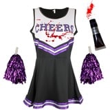 Zombie-Cheerleader-Kostüm mit Blutröhrchen, Tot-Cheerleader-Outfit für Frauen oder Kinder, Mädchen, Halloween, Schwarz, Lila, Größe M