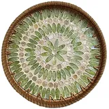 Rundes Rattan-Serviertablett, handgewebtes Mosaik-Tablett, gewebte Aufbewahrungskörbe für Obst, Kuchen, Snacks, dekorativer Picknickkorb, Essenskorb, Abendessen, Serviertabletts