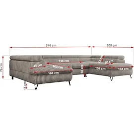 MKS Meble Ecksofa U-form Cord 2-Sitzer Grau