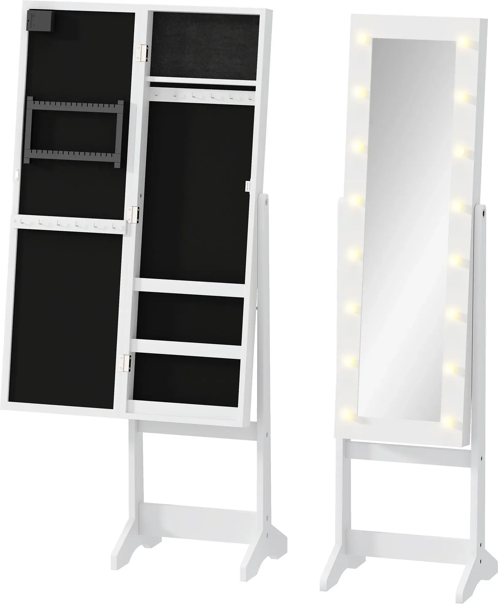 HOMCOM LED Schmuckschrank mit Spiegel Spiegelschrank Standspiegel Schmuckregal Spiegel verstellbar Cremeweiß 136 cm hoch   Aosom