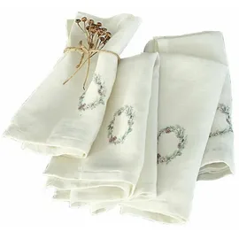 Loberon Serviette 4er Set Torge, mit Print eines Tannenzweig-Kranzes, Weihnachtsdinner, Weihnachtliche Textilien, Weihnachtstischdeko, Weihnachten, Leinen, weiß