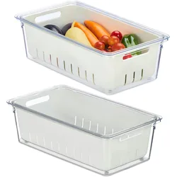 Relaxdays Kühlschrank Organizer, 2er Set, stapelbar, Abtropfkorb, Lebensmittel Organizer mit Deckel, transparent/weiß