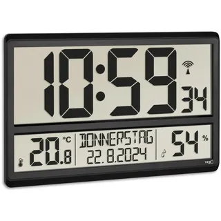 TFA Dostmann 60.4520.01 Funk Wanduhr digital, mit Temperatur und Luftfeuchtigkeit, Wochentag (8 Sprachen), Funkuhr, gut ablesbar, groß, Schwarz