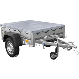 UNITRAILER Kleinanhänger für Pkw, Garden Trailer 150 Kipp 150x106 cm 750 kg - PKW Anhänger mit Flachplane, Anhänger Aufbau mit Planenträgern, Auto Anhänger inklusive Stützrad