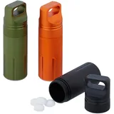 Relaxdays wasserdichte Kapsel, 3er Set, Pillendose Schlüsselanhänger, für unterwegs, Aluminium, HxD: 9,5 x 3 cm, bunt