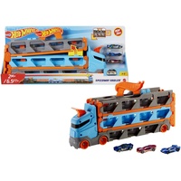 HOT WHEELS - 2:1 Autorennbahn zu Transporter, inkl. 3 Spielzeugautos, mit Doppelstarter, Auslösefunktion und Weiche, Platz für 20 Autos, Spielzeug ab 4 Jahre, HGH33