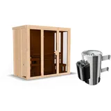 Woodfeeling Karibu Sauna Irava 2 - 68 mm Systemsauna - 230 Volt Plug & Play Bronzierte Ganzglastür Ohne Dachkranz 3,6 kW Ofen mit integrierter Steuerung inkl. 8-teiligem gratis Zubehörpaket (Gesamtwert 191,92€)