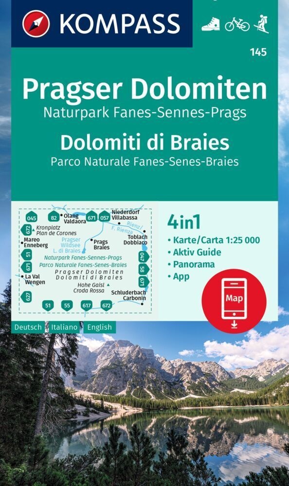 Kompass Wanderkarte 145 Pragser Dolomiten  Naturpark Fanes-Sennes-Prags  Dolomiti Di Braies  Parco Naturale Fanes-Senes-Braies 1:25.000  Karte (im Sin